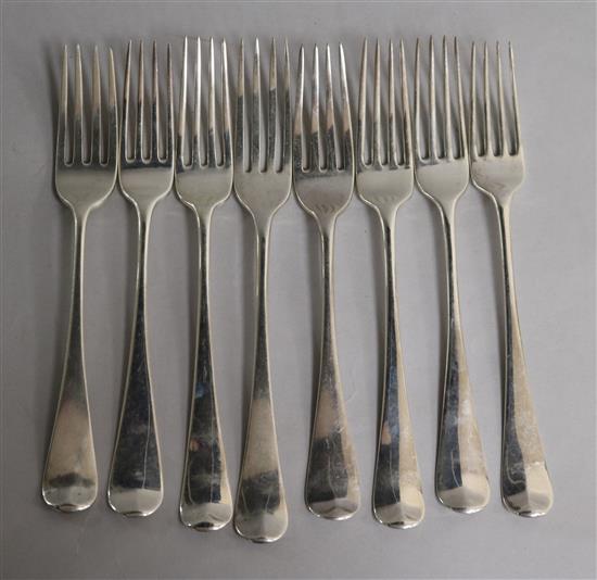 A harlequin set of eight George III silver Old English Pattern table forks, 14 oz.